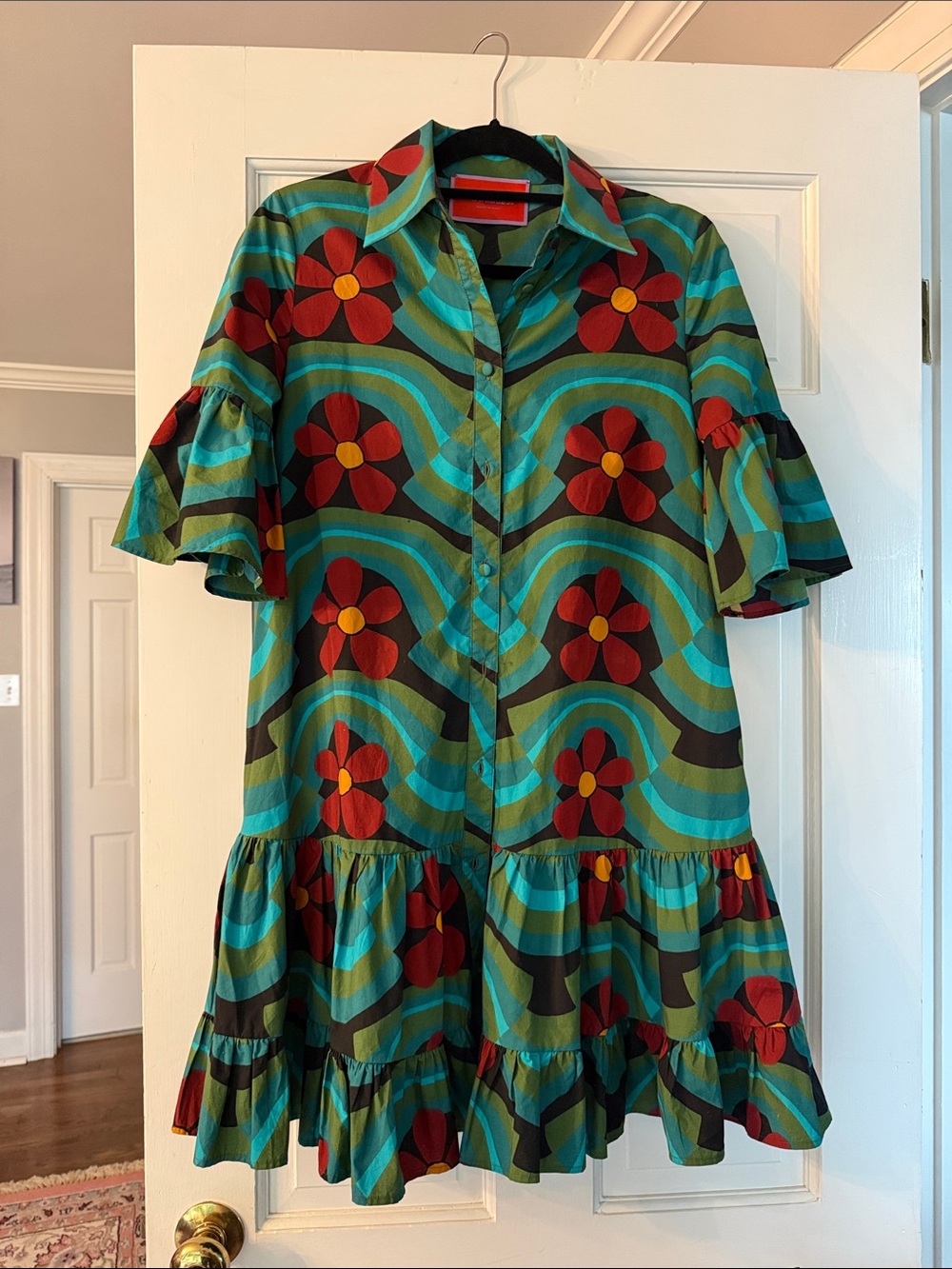 LA DoubleJ Teal and Red Floral Ruffle Shirt Dress